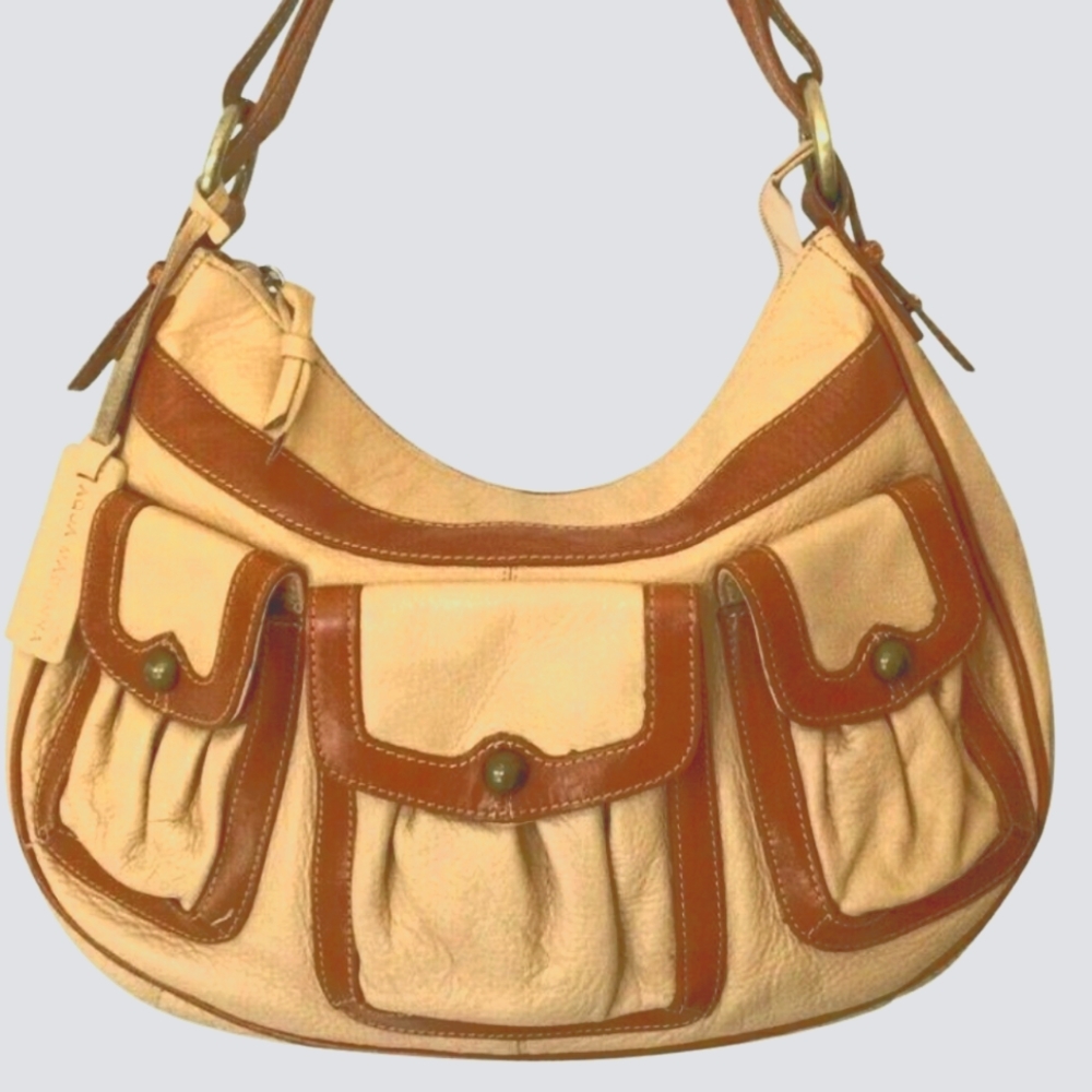Aqua Madonna Hobo Leather Handbag Pockets Brown Shoulder Bag. 15"L x 3"W x 9.5"